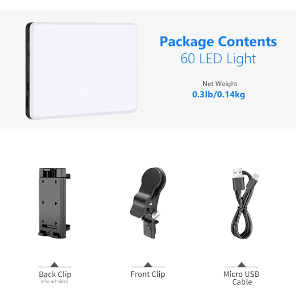 Selfie Lys med Telefonklips foran og bagpå, Høj Effekt 60 LED 2000mAh Genopladelig CRI 95+, 3 Lystilstande, Bærbar Clip-on Lys, TikTok Udfyldningslys