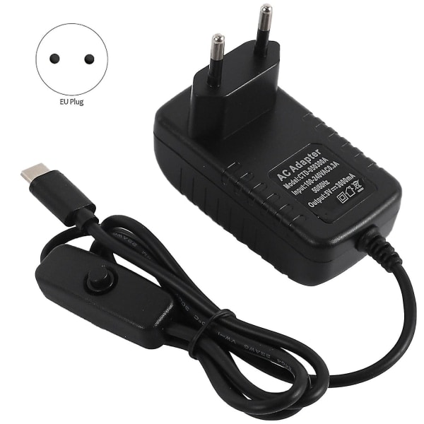 AC-adapter för 4b Strömförsörjning 5V 3A Typ-C med På/Av-knapp USB-C Laddare EU-kontakt Ft