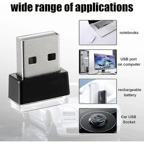 4 stk. USB LED Bil Lys, Mini USB Bil Lys, Plug-in USB Interface Bagagerums Stemningsbelysning Bærbar Natlampe White