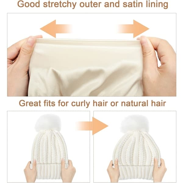 Vinterstickad Mössa för Kvinnor, Fast Pompom Beanie, Varm Satinfoder, Silkefodrad Beanie, Virkad Utomhusmössa White