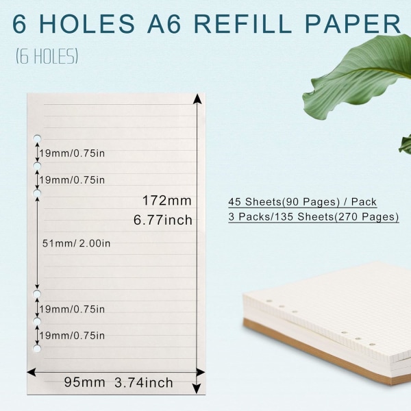 A6 Etterfyllingspapir, 3 Pakker 100GSM Tykt Etterfyllingspapir 6 Hull Fyll Innlegg Løst Bladpapir 135 Ark (270 Sider)