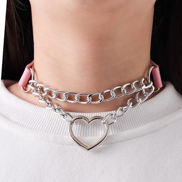 Punk Goth PU Läder Choker Halsband med Hjärthänge Berlocker Choker för Kvinnor Män C