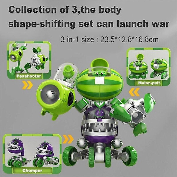 3 i 1 Samle- og Deformationslegetøj til Drenge Robotdukke PVZ Plant Vs. Zombie Mecha Fighter PVC Actionfigur Model Børnegave 3 i 1 Fjernstyrede Robotter Melon-pult