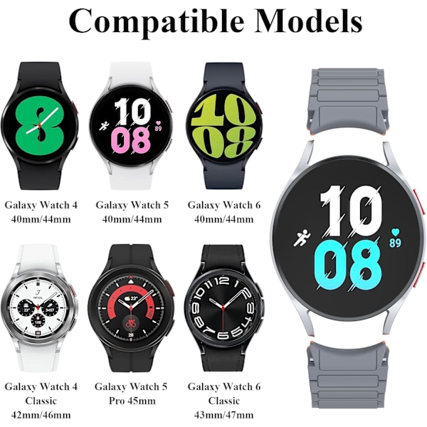 Blød rem kompatibel med Samsung Galaxy Watch 4/5/6 rem til kvinder og mænd, klassiske silikone sportsbånd med magnetisk lukning Grey/Orange
