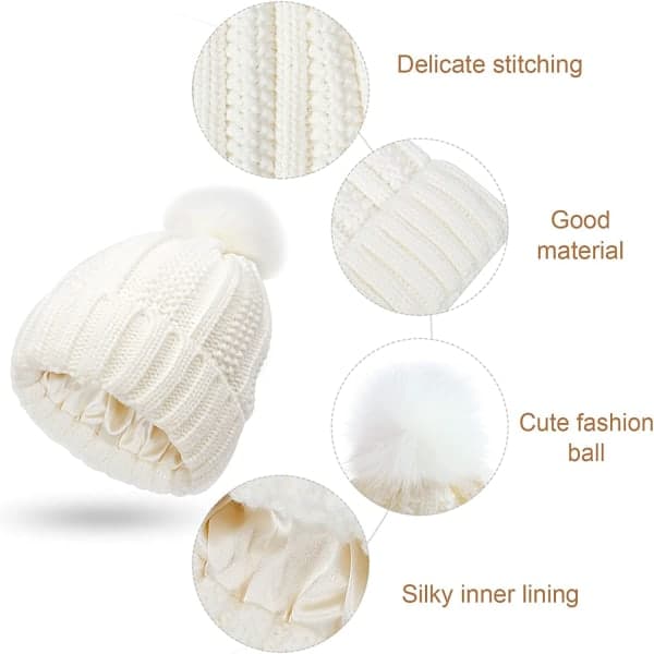 Vinterstickad Mössa för Kvinnor, Fast Pompom Beanie, Varm Satinfoder, Silkefodrad Beanie, Virkad Utomhusmössa White