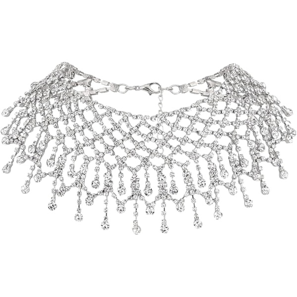 Rhinestones Duske Bred Choker Lys Gull Rhinestone Bib Halskjede Luksus Fringe Halskjede for Bryllupsfest for Kvinner og Jenter