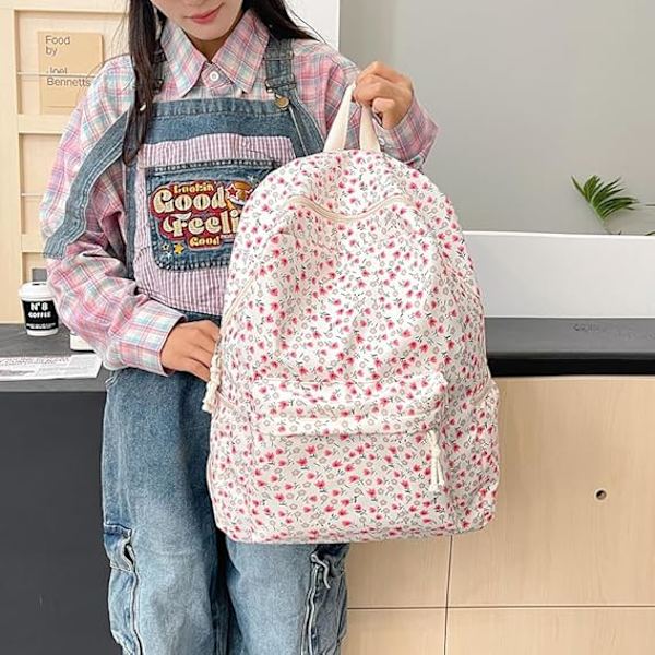 Søt Ryggsekk Estetisk Skole Ryggsekk - Kawaii Skolevesker Blomster Preppy Ryggsekk for Skolejenter Skoleveske