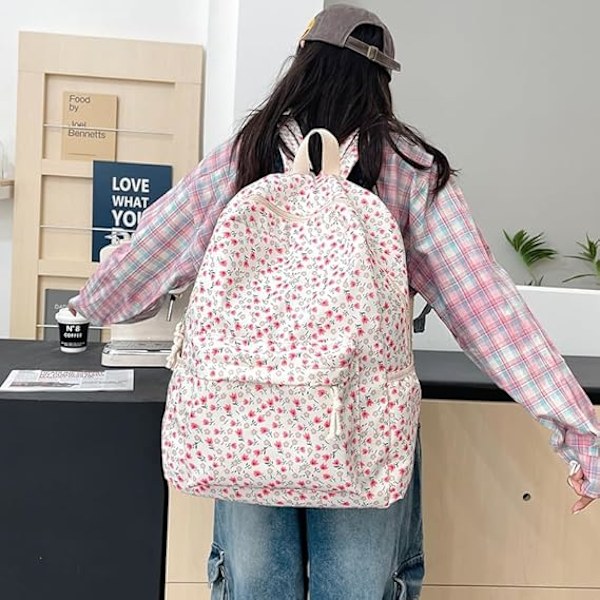 Søt Ryggsekk Estetisk Skole Ryggsekk - Kawaii Skolevesker Blomster Preppy Ryggsekk for Skolejenter Skoleveske