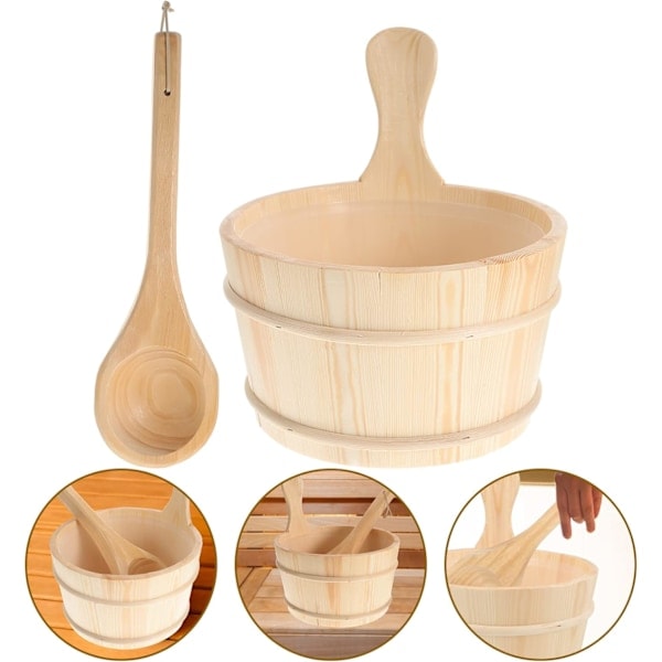 2 st Bastu Trä Hink och Skopa Set Bastu Vattenhink Träskopa Kit Tunna Set Bastu Ångvatten Tillbehör