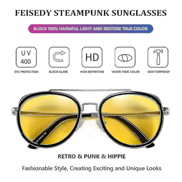 Retro Punk -aurinkolasit, pyöreät punk-tyyliset kaksoissiltalasit naisille ja miehille B2822 Yellow Lens