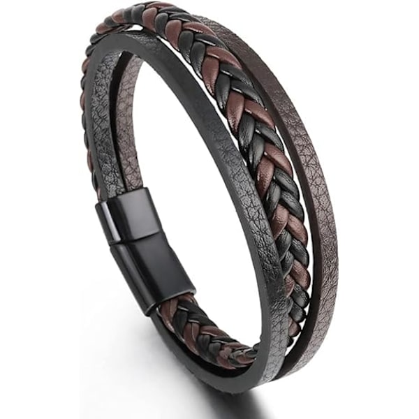 Läderarmband för män i brunt, ko-läder äkta unisex manschett armband flerskikts magnetisk lås rep handledsband för män och kvinnor