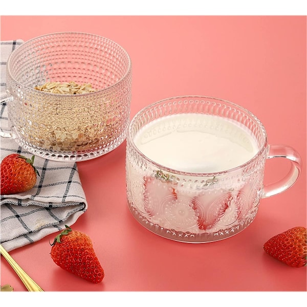 2 kpl Vintage-kahvimukit, 400 ml lasiset teekupit lusikoilla, kirkkaat reliefikuvioiset lasikupit, lasiset kahvimukit