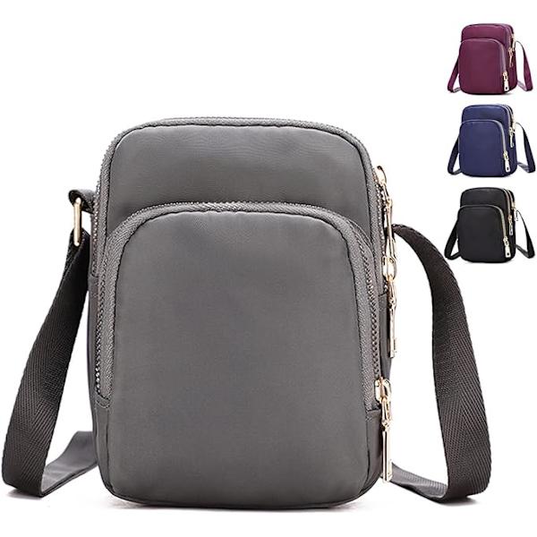 1 st. Crossbody-väska för kvinnor, Nylonplånboks axelväska, 3 lager blixtlås mobiltelefonväska med justerbar rem. Grey