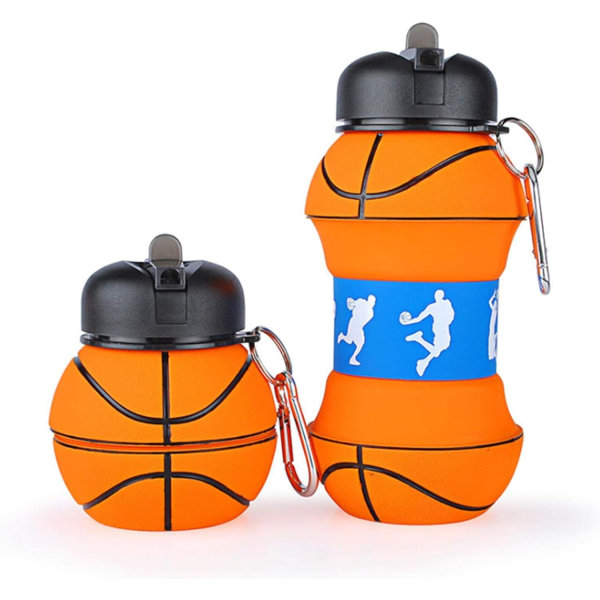 Vattenflaska för barn Silikon Hopfällbar med karbinhake läckagesäker 18 oz/550 ml, dryckesflaska för barn Halmrengöring Återanvändbar Miljövänlig Basketball