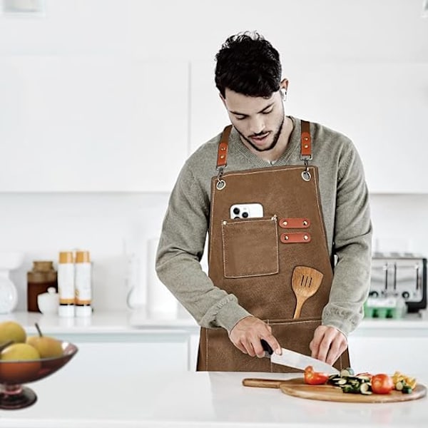 Lerreklede i Canvas for Menn med Lommer, Justerbar Stropp og Store Lommer, Kjøkken Matlaging Baking Kokk Lerreklede