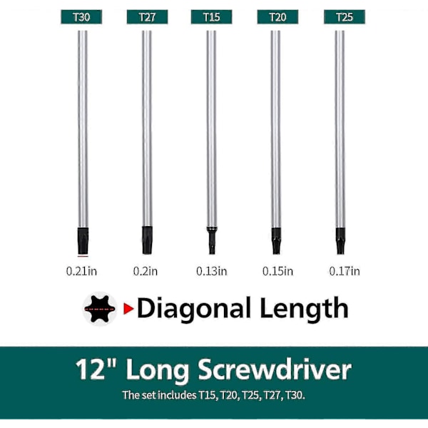 Extra Lång Torx Skruvmejselset, 5st 30cm Magnetiska Torx Skruvmejslar, T15 - T30 (t15,t20,t25,t27,t30) Magnetisk Torx Skruvmejsel Stjärnskruvmejselset