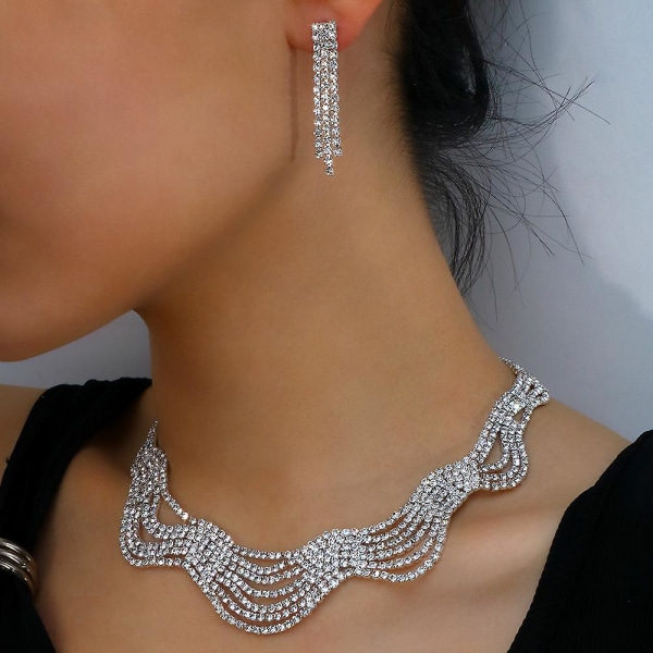 Rhinestone Crystal Bridal Floral Wave Halsband Örhängen Set Silver