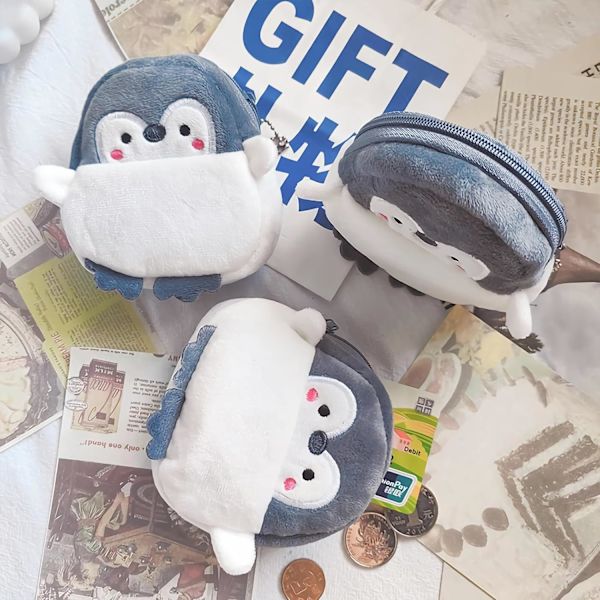 3PCS Söt Kawaii Djur Plånböcker för Tonårsflickor Liten Myntväska Mini Plysch Plånböcker Sminkväska för Kvinnor med Dragkedja Pingvin No small package