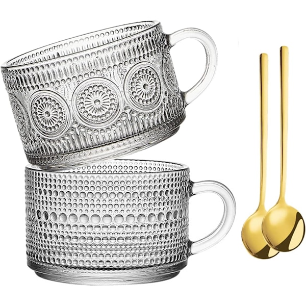 2 kpl Vintage-kahvimukit, 400 ml lasiset teekupit lusikoilla, kirkkaat reliefikuvioiset lasikupit, lasiset kahvimukit
