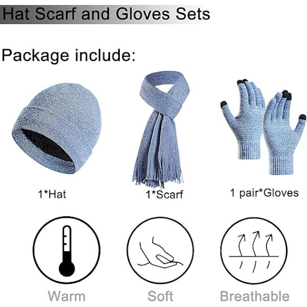 Vinter Unisex Beanie Hatt, Skjerf og Hansker Sett, Elastisk Strikket Hatt Langt Skjerf Berøringsskjermhansker Med Tykk Fleece Innerfôr for Menn og Kvinner Light Blue