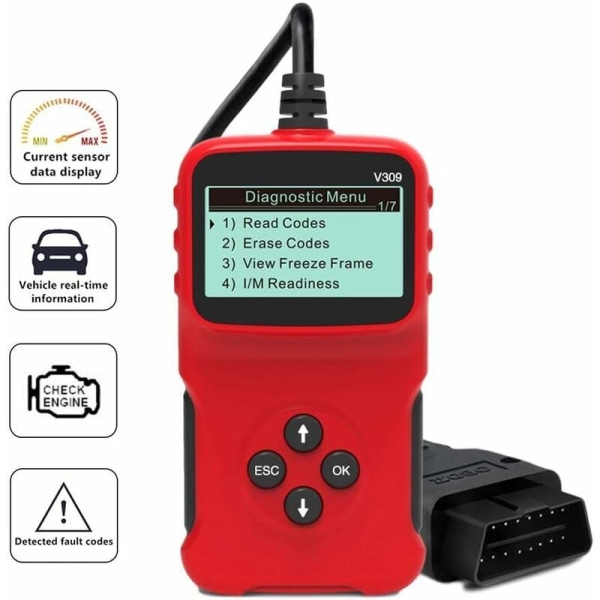 OBD2 Diagnostic Device Scanner Universal Car Diagnostic Device Error Code Reader Adapter V309 för alla OBDII Protocol, Check Engine Light