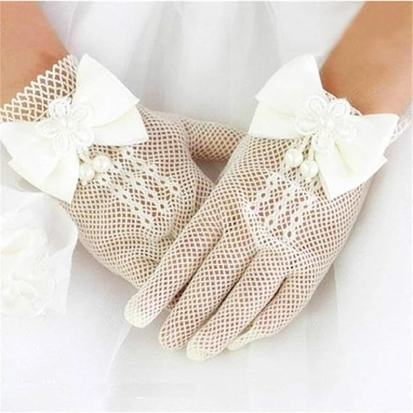 Blomsterflickans handskar, Barnprinsessklänning nät rosett handskar, Scenframträdande bröllop blomsterflicka ren rosa tunna handskar