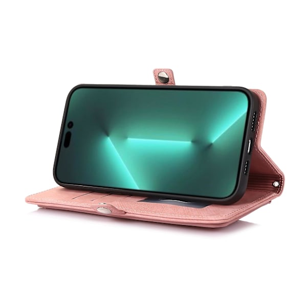 Mobilskal i läder med flera kortfack för iPhone 15 Pro Max Pink