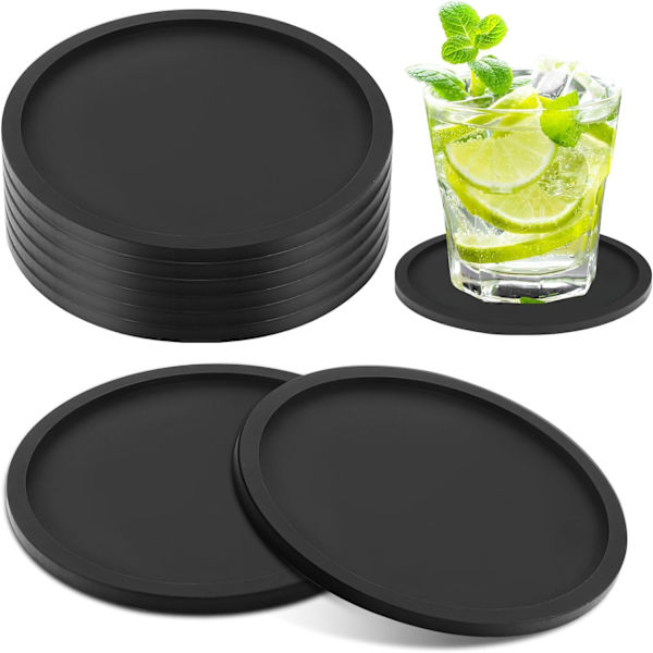 8 stk Sorte Underkopper, Tyk Design (0,5 cm) Runde Kopper Underkopssæt af 8, Silikon Underkopper til Drikkevarer, Kaffe Pads Øl Barmåtte Black（flat）