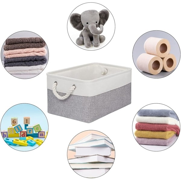 Oppbevaringskurv for hyller, oppbevaringsbokser med håndtak, store oppbevaringsbeholdere i stoff for organisering av hjem og kontor, hvit og grå White/Grey 15inch