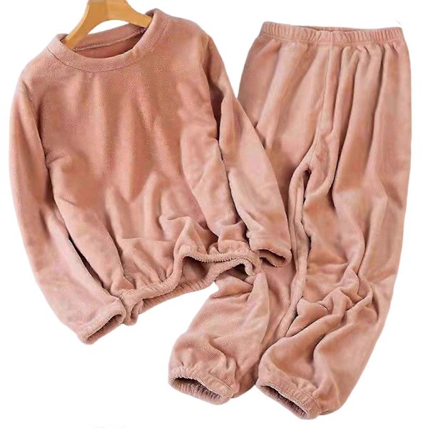 Tjockt Varmt Dam Pyjamas Set Enfärgad Tröja Rund Hals Pyjamas För Tjej Kvinna Älskare Mamma Peach XL