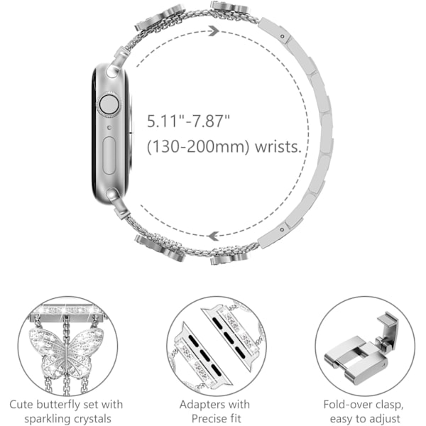 Armband kompatibel med Apple Watch för kvinnor, glittrande fjärilsdesign, fashion metall bling rostfritt stål länkarmband, ersättningsband Silver 42/44/45mm