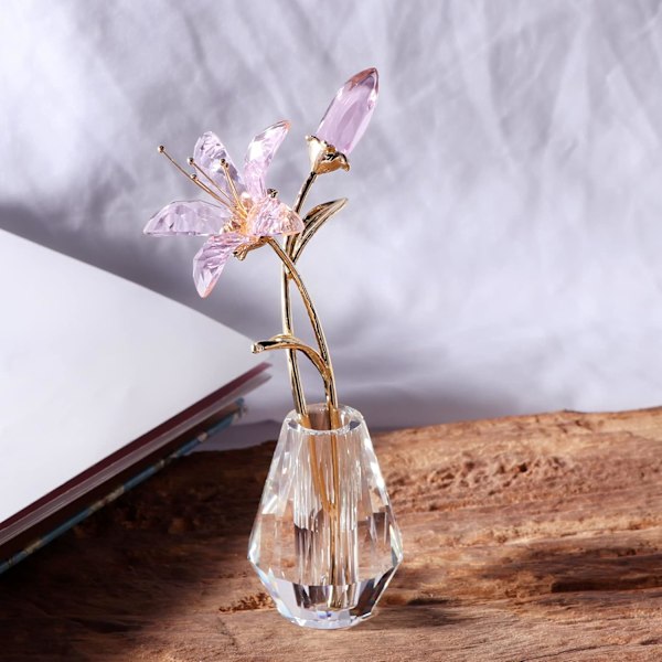 Kristallblomma Figur Lily Blomma Samlarobjekt Present till Kvinnor, Glas Lilium med Kristallvas Metallstam för Hem Bröllopsfest Dekor Pink
