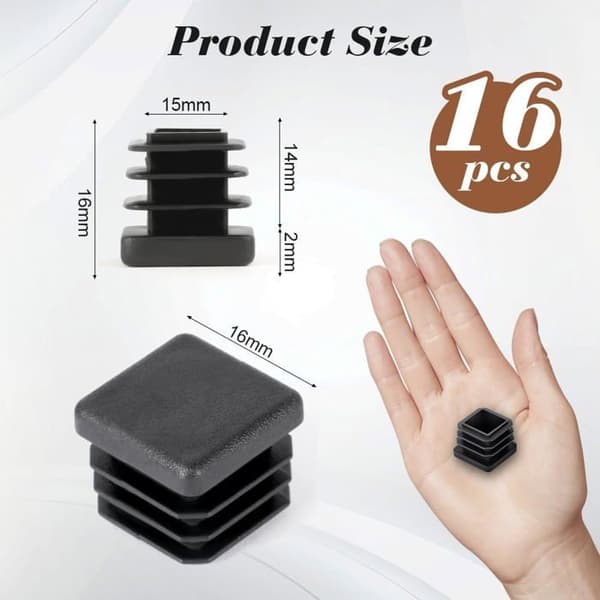 Firkantede propper 16x16mm - Pakke med 16 - Sort PE-plast - Gulv- og møbelbeskyttelse - Til stole