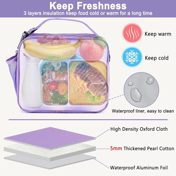 Lunch Bag Isolerad Lunchlåda för Flickor - Regnbågs Tote Bag Läckagesäker Termisk Återanvändbar Kylare Picknickväska för Kvinnor Skola Kontor Utomhus Purple