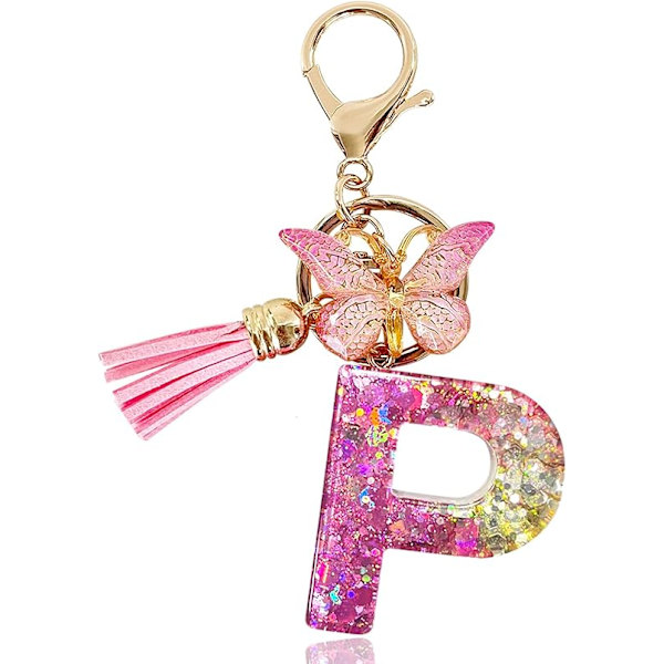 Alfabetet nøglering ringe Pink Cute nøglering med sommerfugl kvast vedhæng indledende bogstaver P