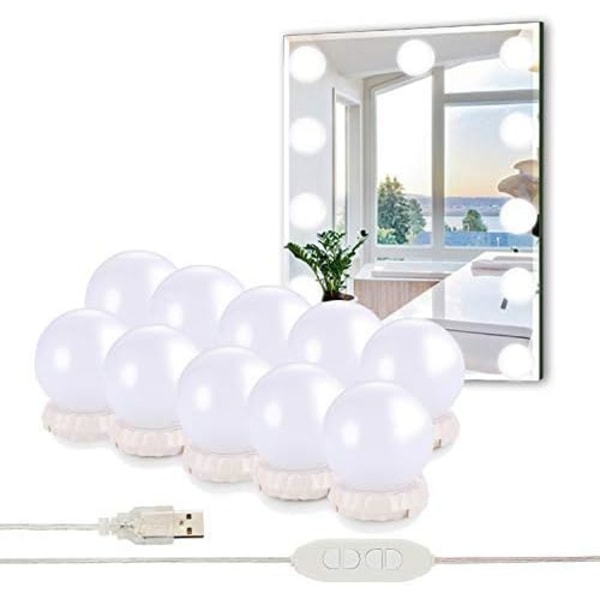 Spejlslys, 10 Hollywood Pærer Dæmpbar LED Lyskit Lampe - USB Makeup Lampe 3 Farver 10 Lysstyrke Niveauer [Opdateret Version]