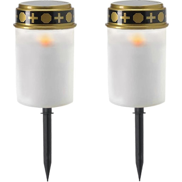 LED Gravlys Solcellelampe Hvit Med Solcelle Og Intelligent Åpning Og Lukking - LED Gravlys Med Realistisk Flammende Effekt 2 X D-white With Ground Spike