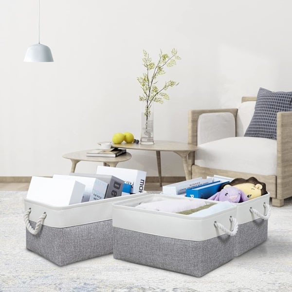 Oppbevaringskurv for hyller, oppbevaringsbokser med håndtak, store oppbevaringsbeholdere i stoff for organisering av hjem og kontor, hvit og grå White/Grey 15inch