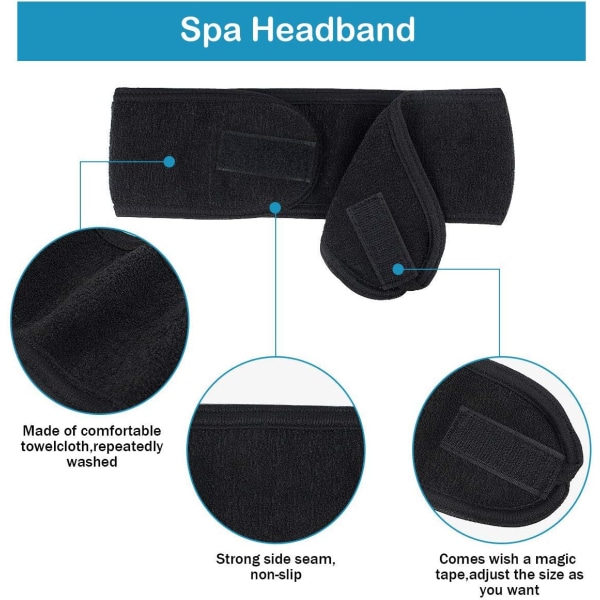 Ansiktshårband - 2 st sminkbandage huvud dusch sport frottéhårband justerbar stretchhandduk med magiskt band Black+ Black