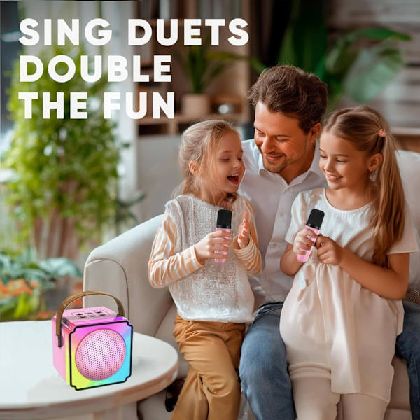 Børne Karaoke Maskiner med 2 Mikrofoner, Bærbar Bluetooth Højttaler med Farverige LED Lys, Stemmeændring, Mini Karaoke Maskine til Fødselsdagsgaver Pink