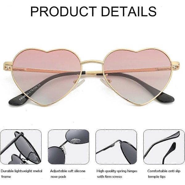 SDIGV Polariserade hjärtformade solglasögon för kvinnor, moderiktig söt stil, metallram, UV400-skydd Gold Gradient Pink