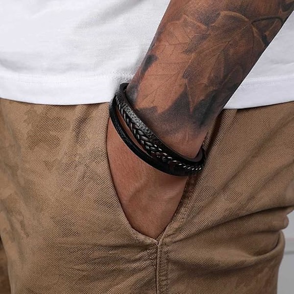 Läderarmband för män i brunt, ko-läder äkta unisex manschett armband flerskikts magnetisk lås rep handledsband för män och kvinnor