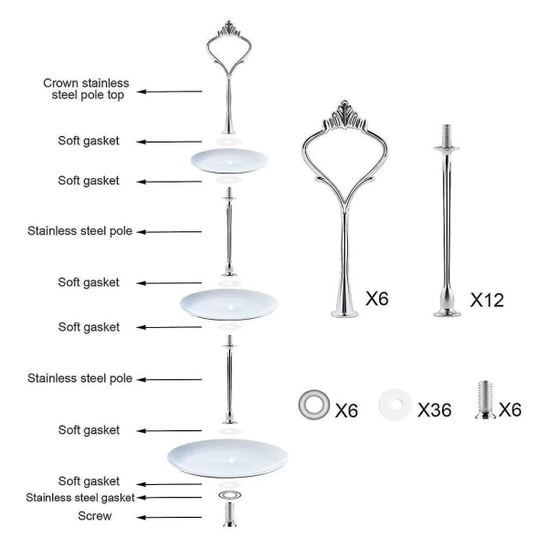 6-delarsbricka hårdvara för tårtställ 3-vånings tårtställ monteringshårdvara hållare för bröllop och fest