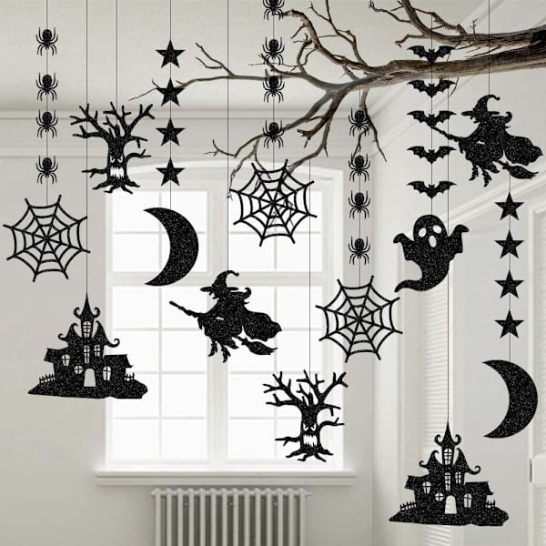 Halloween fladdermus spindel hängande kit, 12 st Halloween prydnader svart glitter fladdermus häxa spindelnät spöke banderoll girlang, läskiga tema väggdekaler hängande