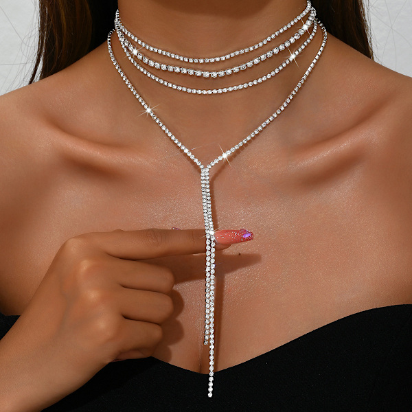 Rhinestone Halskjeder Sølv Lagdelt Halskjede Krystall Halskjede Kjeder Bryllupstilbehør for Kvinner A