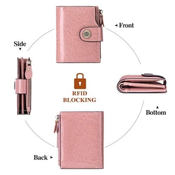 Liten damplånbok i äkta läder med RFID-blockering, liten plånbok med dragkedjefickor Pink