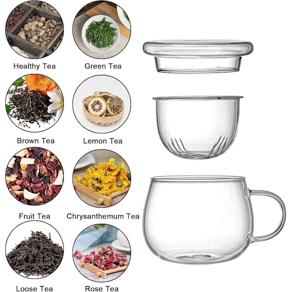 2-pakke 400 ml glass tekopp med lokk og teinfusersett, tekopper med sil, klare tekopper med tefilter, glasskopper