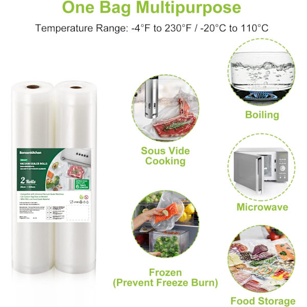 Vakuumposer til mat, 2 ruller, 28 x 500 cm, for matlaging og oppbevaring, BPA-fri