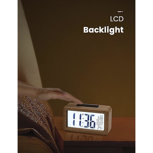 Digitalt Vækkeur, Træ Sengelampe Med Stor LCD-baggrundsbelyst Skærm, Temperatur, Snooze-funktion, Lysstyrkesensor, 3 AAA Batteridrevet
