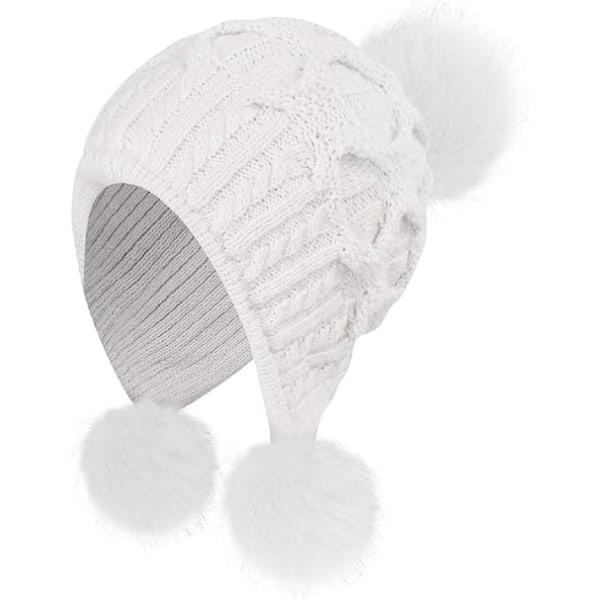 Vinterhue til kvinder, strikket med pompon, vindtætte øreklapper White